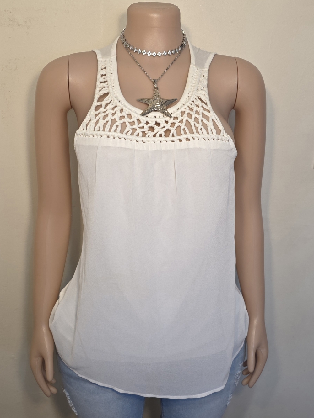 New York & Company White Crochet Yoke Camisole